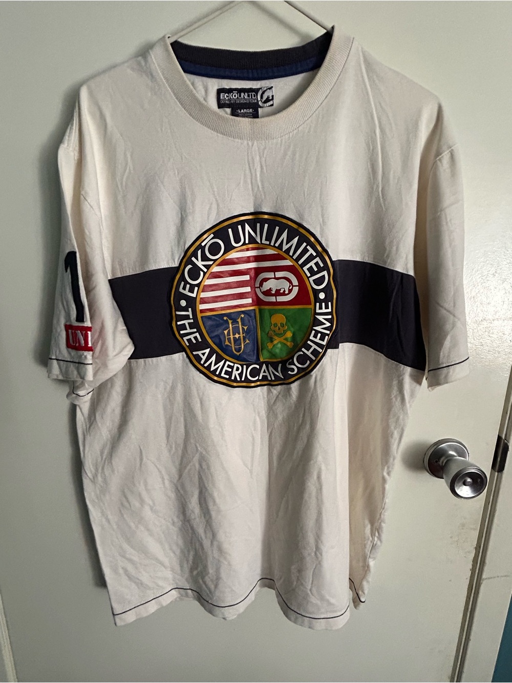 Ecko Unld. White Short Sleeve Tee with Navy Patch Logo